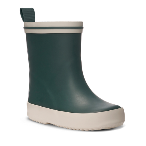 Green children's rain boot with white sole on a white background
