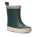 Green children's rain boot with white sole on a white background