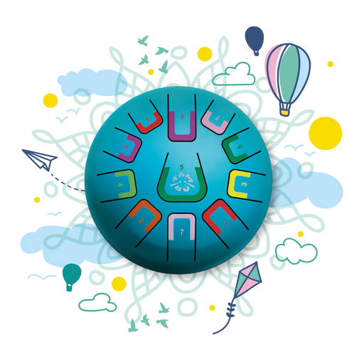 Colorful circular design with various symbols on a white background