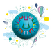 Colorful circular design with various symbols on a white background