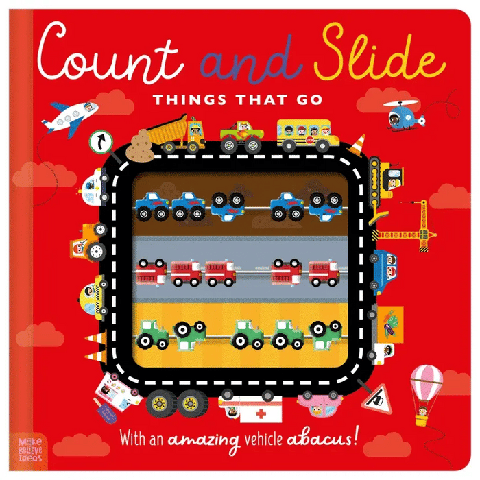 Children's book cover titled 'Count and Slide Things That Go' with illustrations of vehicles on a red background.
