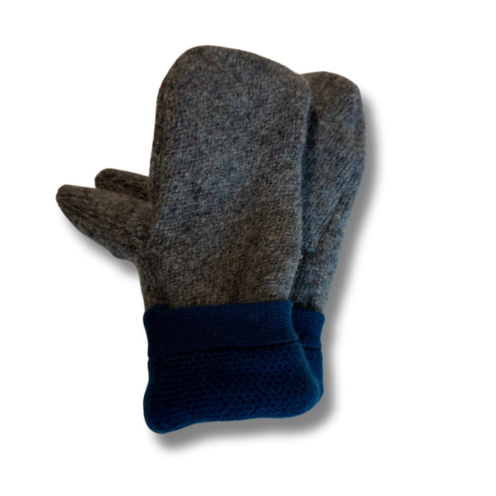 Pair of gray mittens with blue cuffs on a white background