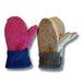 Pair of pink and blue mittens and brown and gray mittens on a white background