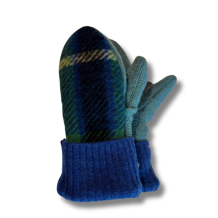 Pair of blue plaid mittens on a white background