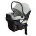 Baby car seat with gray cover and black base on a white background