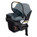 Blue and black baby car seat with canopy on a white background