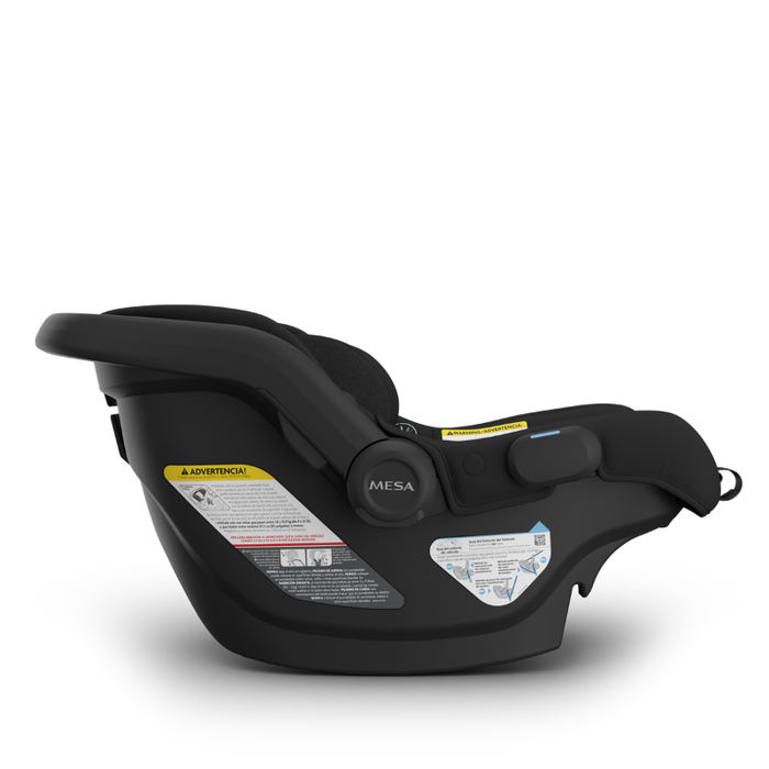 Black UPPAbaby car seat with visible branding for Mesa V3 on a white background