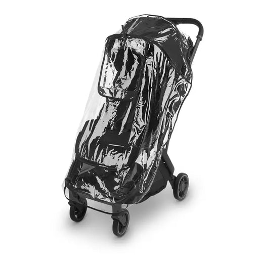 Black UPPAbaby Minu V3 stroller with a clear rain cover on a white background