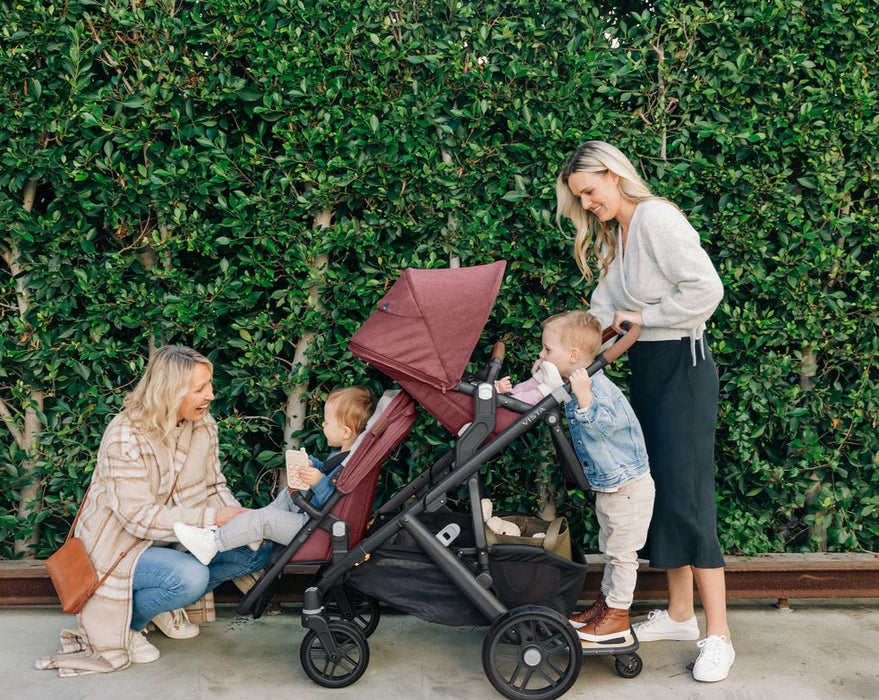 caption-UPPAbaby Vista V2 in Lucy - shown with 2 seats and piggyback board