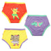 Three colorful pairs of children's underwear with animal designs on a white background