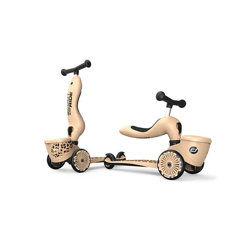 A 2-in-1 ride on toy is shown in both modes as scooter and seated push bike 