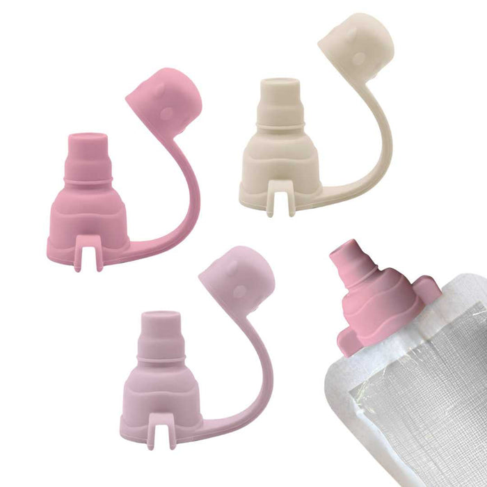 Pink and beige silicone bottle covers on a white background