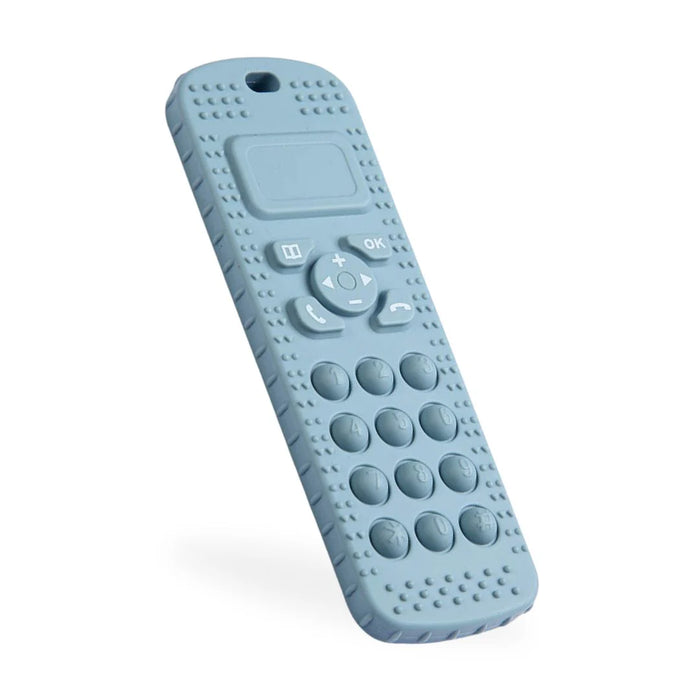 Light Blue fidget toy children's teething phone with textured surface on a white background
