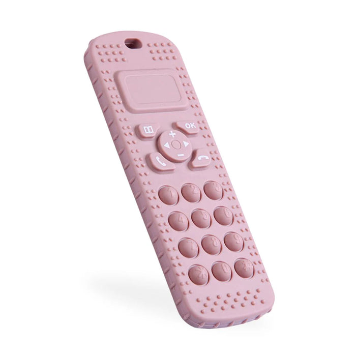 Pink fidget toy children's teething phone with textured surface on a white background