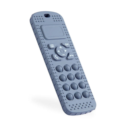 Blue fidget toy children's teething phone with textured surface on a white background