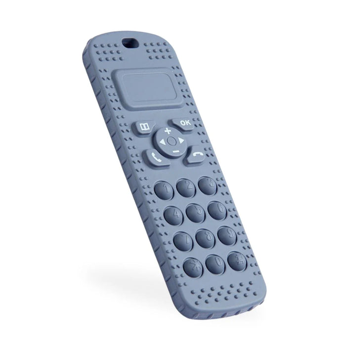 Blue fidget toy children's teething phone with textured surface on a white background