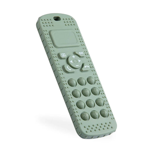 Green fidget toy children's teething phone with textured surface on a white background