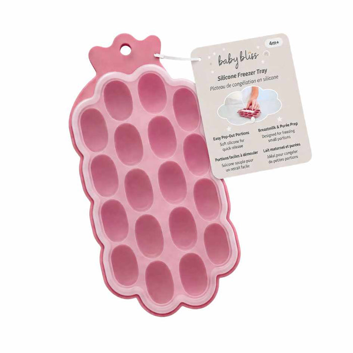 Pink silicone freezer tray with a tag on a white background