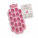 Pink silicone freezer tray with a tag on a white background