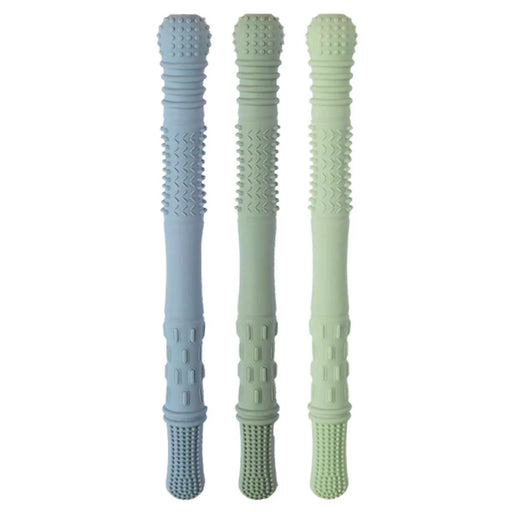 Three textured cylindrical objects in blue, green, and gray on a white background