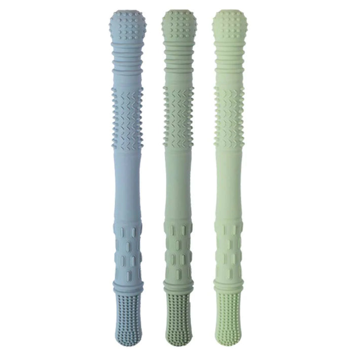 Three textured cylindrical objects in blue, green, and gray on a white background