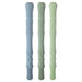 Three textured cylindrical objects in blue, green, and gray on a white background