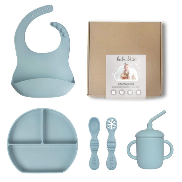 Baby feeding set with bib, plate, spoons, and cup on a white background