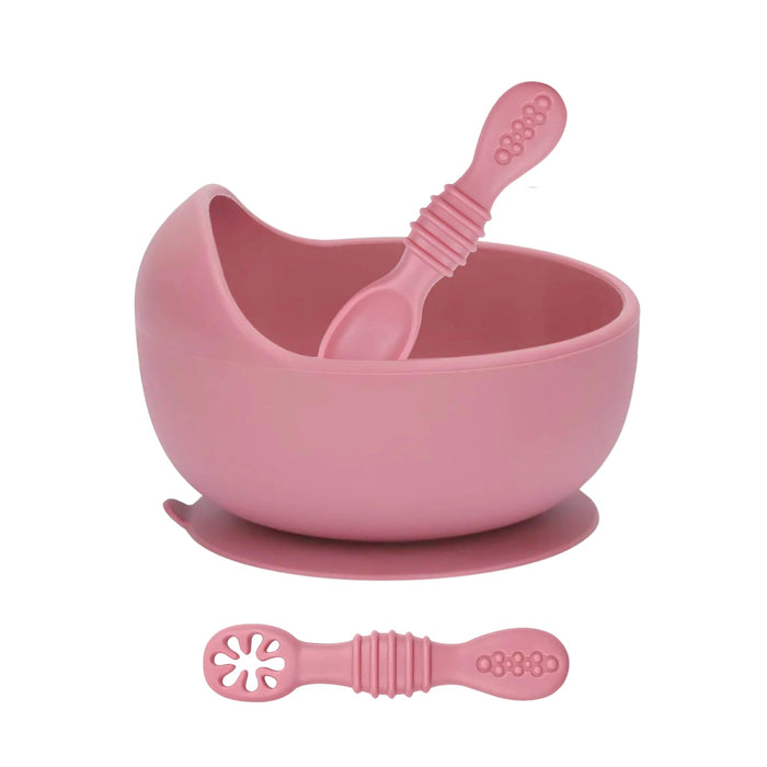 Pink bowl, spoon, and suction cup on a white background