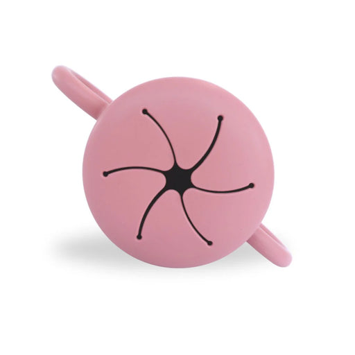 Pink silicone snack cup for children with handles on a white background
