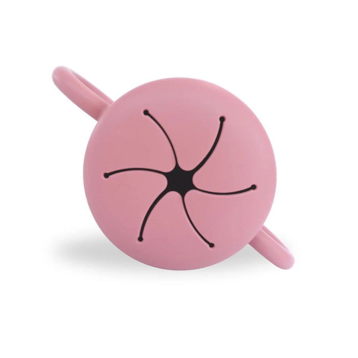 Pink silicone snack cup for children with handles on a white background