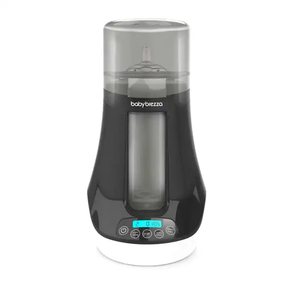 Black baby bottle sterilizer with digital display on a white background