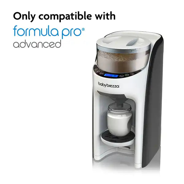 Baby formula dispenser with 'babybrezza' branding on a white background, indicating compatibility with 'formula pro advanced'.
