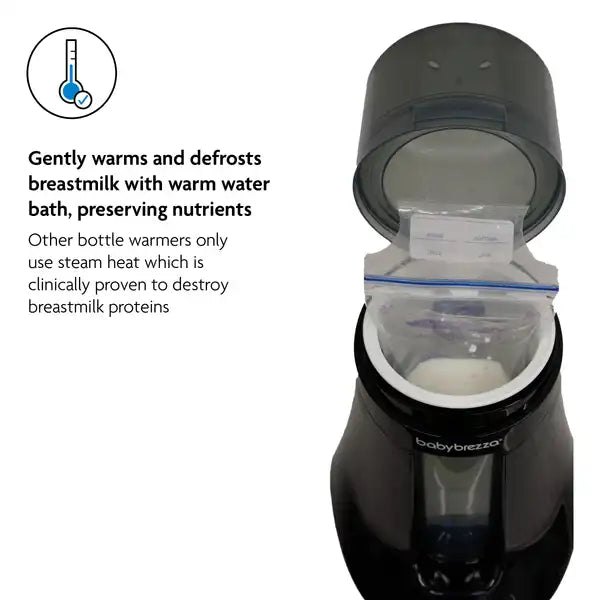 Black bottle warmer with text explaining its benefits on a white background
