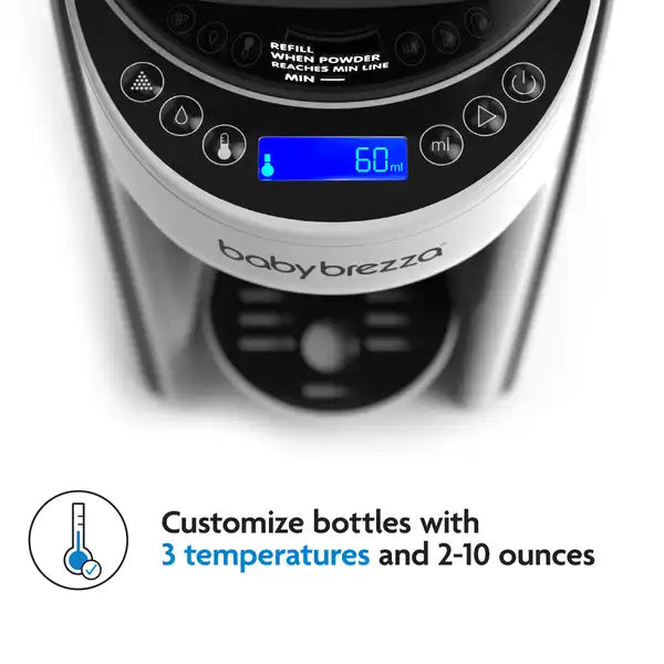 Baby bottle dispenser with digital display and branding on a white background