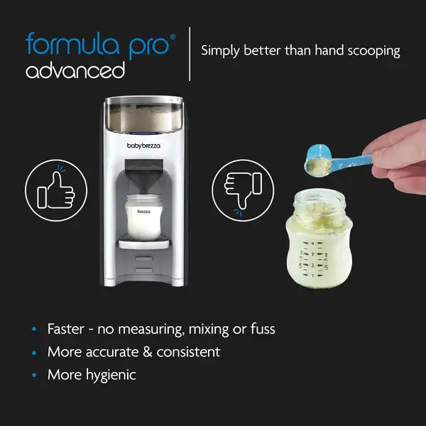 Baby formula dispenser with text highlighting its benefits on a black background