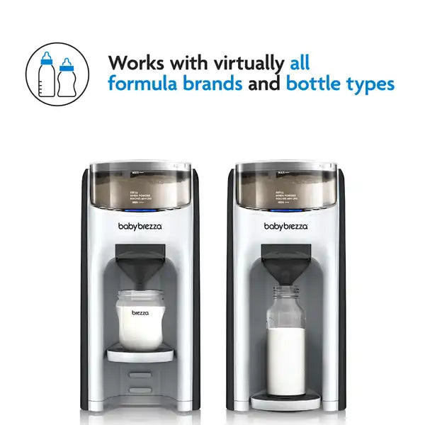 Two sizes of baby bottles in formula dispenser with text indicating compatibility with various brands and bottle types.