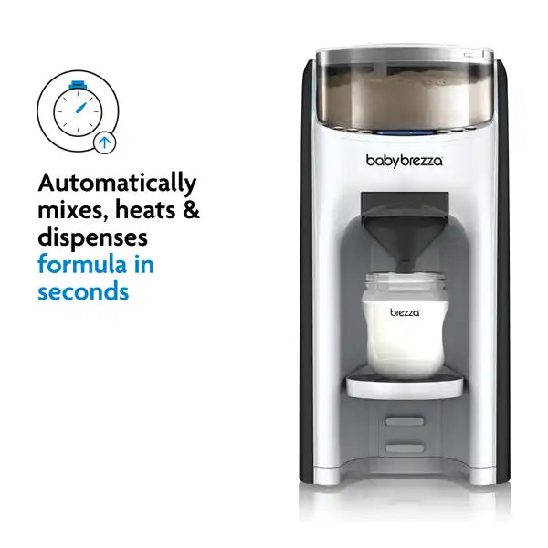 Baby Brezza formula dispenser with text on a white background