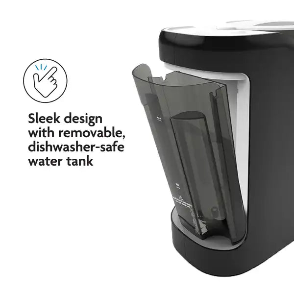 Black water dispenser with a removable tank on a white background