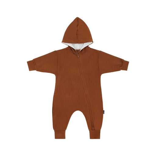 A baby hooded zip-up sleeper in a warm rust brown color, featuring a full front zipper, long sleeves, and footless legs, shown against a plain white background.
