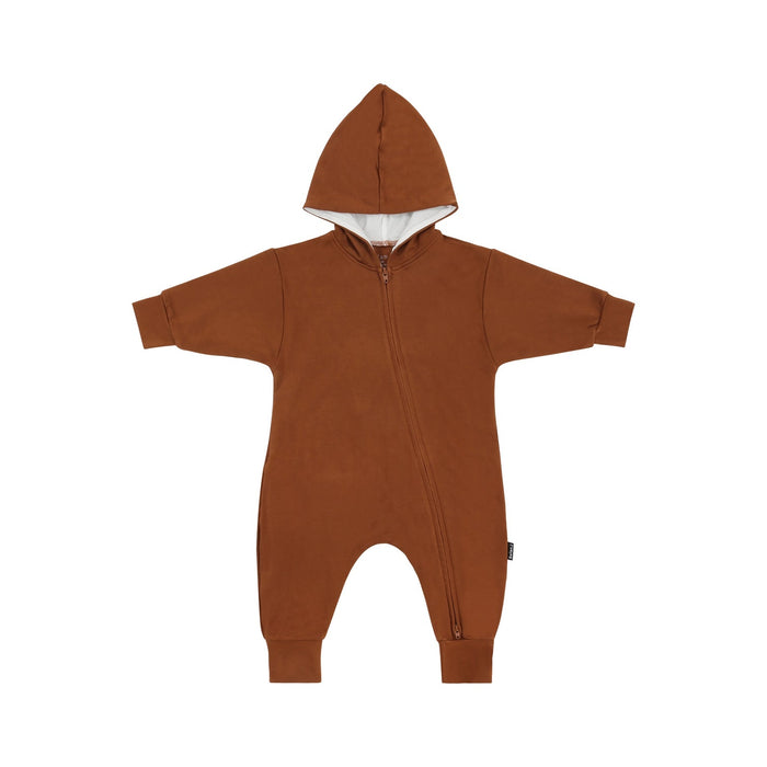 A baby hooded zip-up sleeper in a warm rust brown color, featuring a full front zipper, long sleeves, and footless legs, shown against a plain white background.