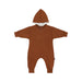 A baby hooded zip-up sleeper in a warm rust brown color, featuring a full front zipper, long sleeves, and footless legs, shown against a plain white background.