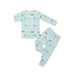 Children's pajama set with construction vehicle pattern on a light blue background