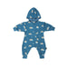 Blue baby onesie with animal print on a white background