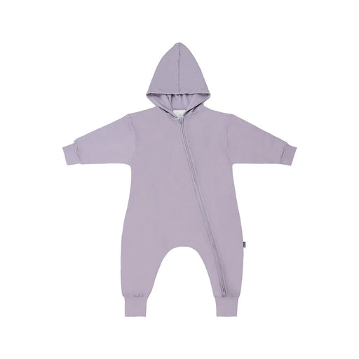Lavender baby onesie with a hood on a white background