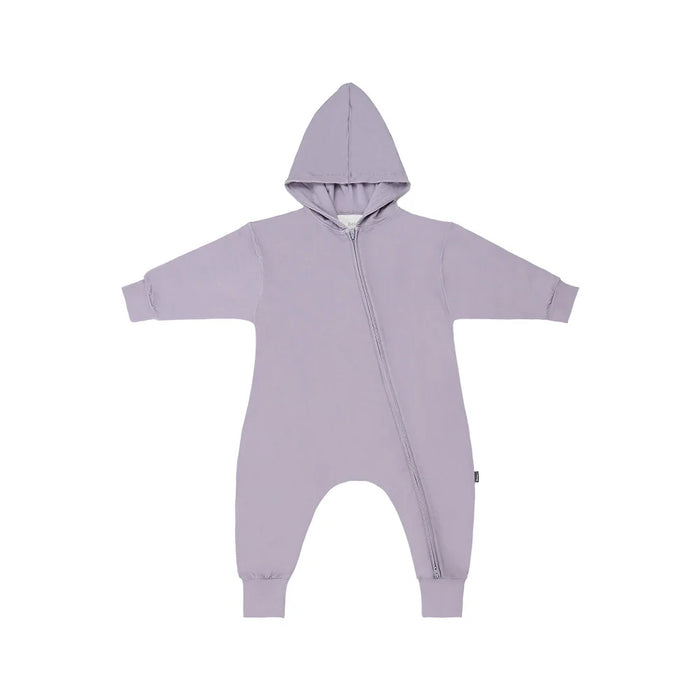 Lavender baby onesie with a hood on a white background