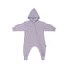 Lavender baby onesie with a hood on a white background