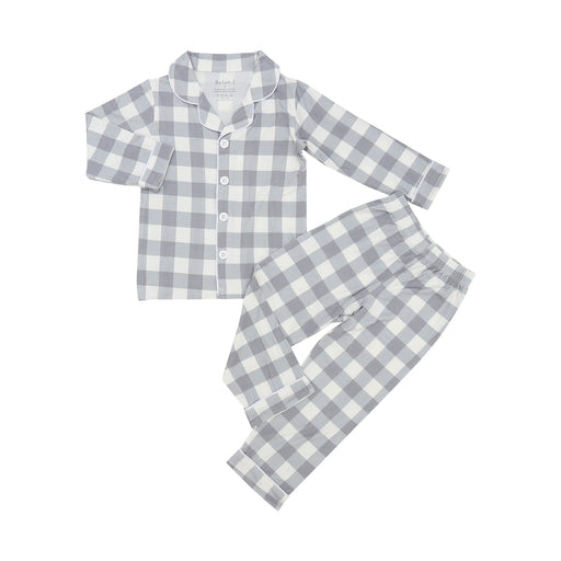 Blue and white children's checkered pajama set on a white background