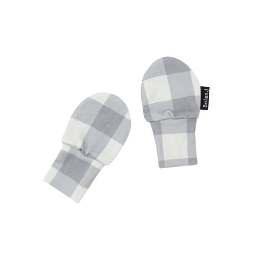 Pair of gray and white checkered baby mittens on a white background
