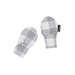 Pair of gray and white checkered baby mittens on a white background