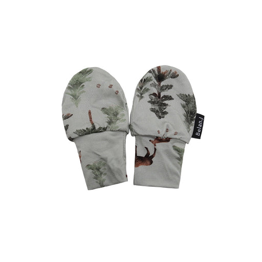 Pair of mittens with nature-themed design on a white background